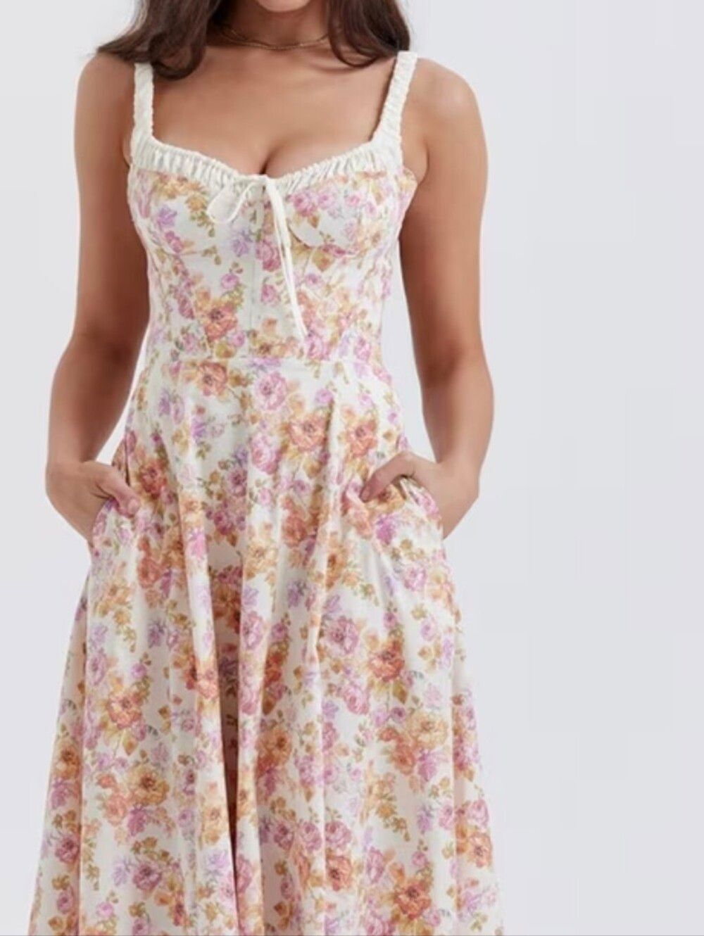 Princess Fit Midi Floral Corset Midi Dress - White Pink & Gold Floral Sz Small